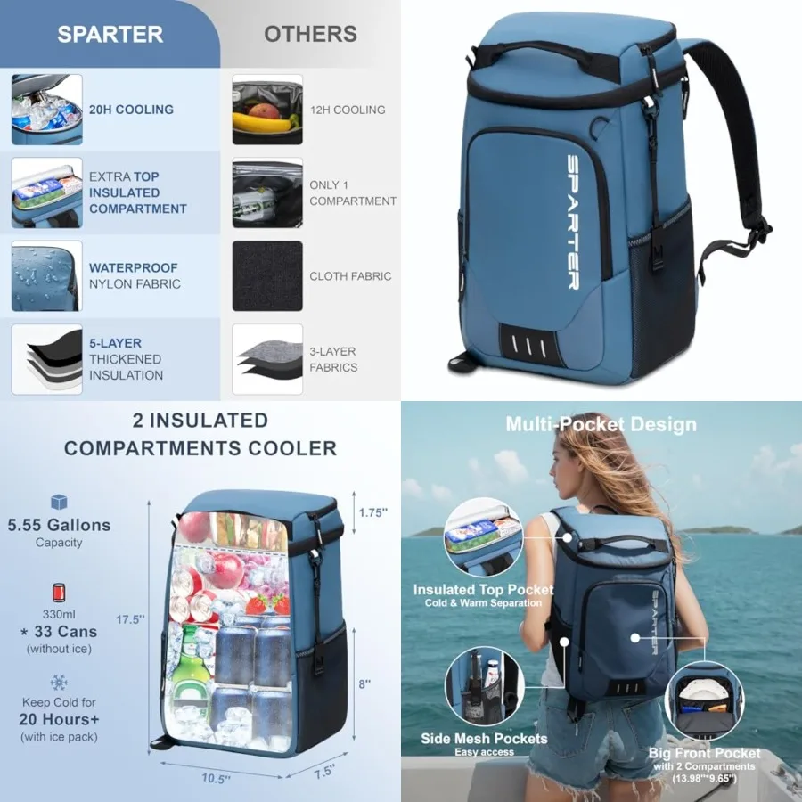 

Backpack Cooler Insulated Leak Proof/ s, 2 Insulated Compartments Thermal Bag, Portable Lightweight Beach Travel Camping Lunch