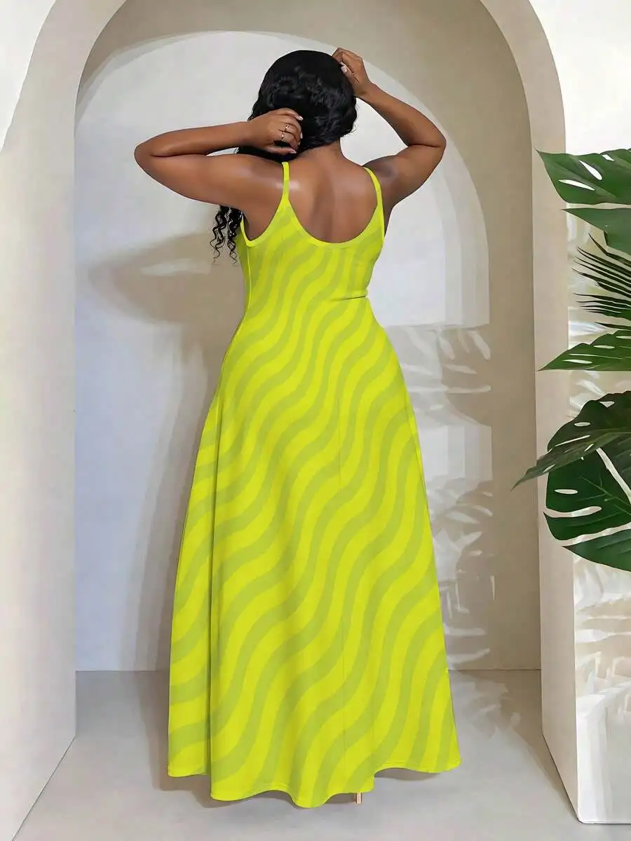 

Plus Size Women Sleeveless Maxi Dress V Neck Wavy Pattern Casual Beach Vacation Dress