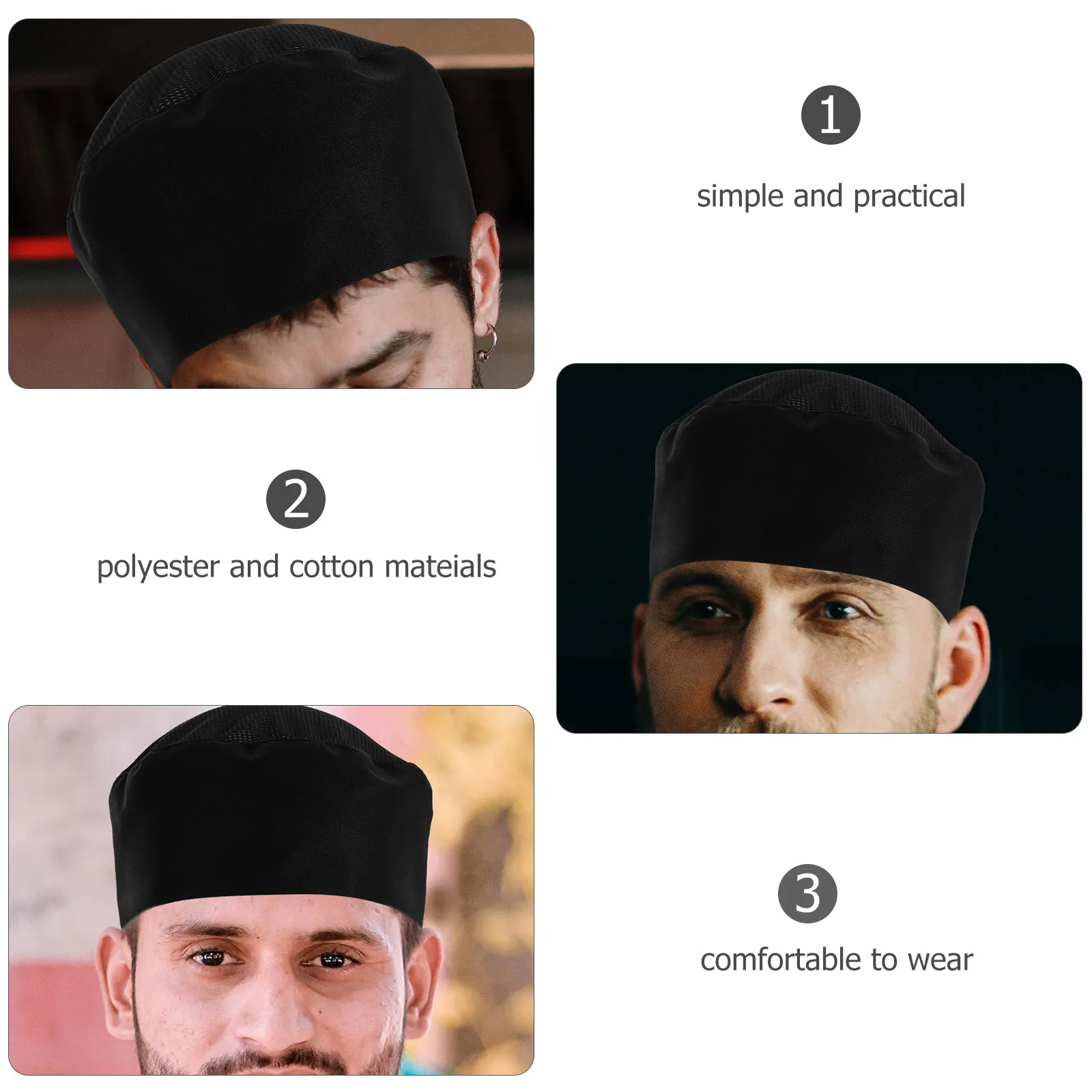 Foxnovo ブラック 通気性メッシュシェフハット 調節可能なストラップ フリーサイズ プロフェッショナルケータリングスカルキャップ ソフトで耐久性のあるポリエステルコットン