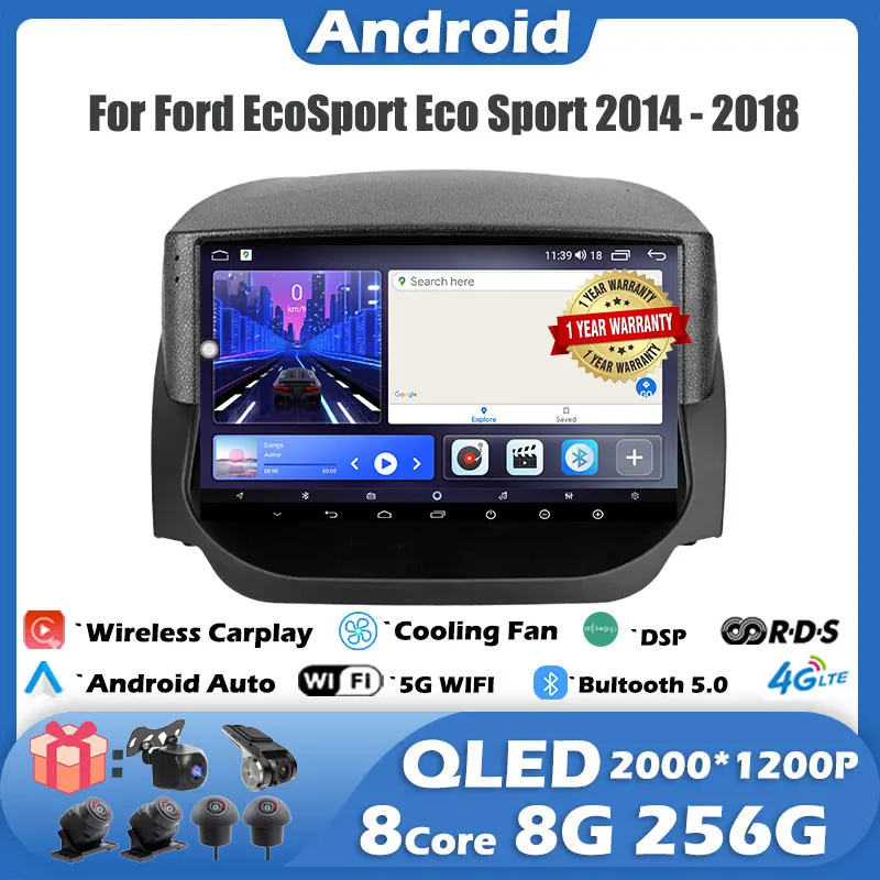 

9'' IPS/QLED For Ford EcoSport Eco Sport 2014 - 2018 Android 14 Car Radio Multimedia Player GPS Navigation DSP Carplay 4G LTE