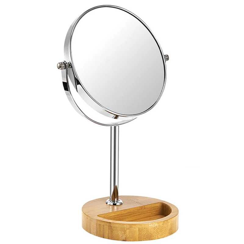 

Natural Bamboo Vanity Mirror 8-Inch, Two-Sided Dual Magnification, 360° Swivel Desktop Stand, Eco-Friendly Makeup Mirror