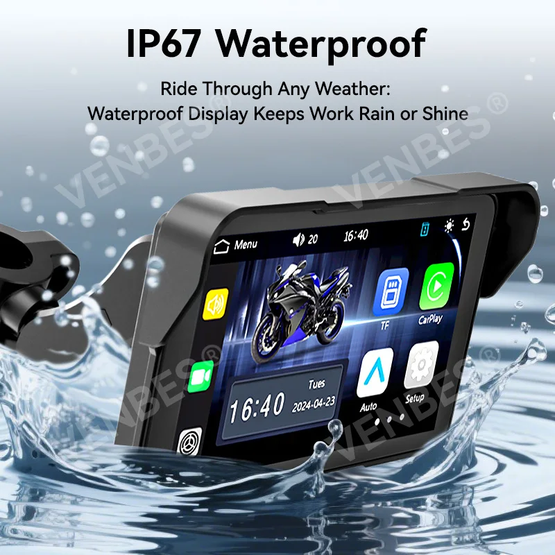 VENBES 5‘’ Motorcycle Carplay Navigation Android Auto Motor IPS Screen IP67 Easy to Install Universal image 5