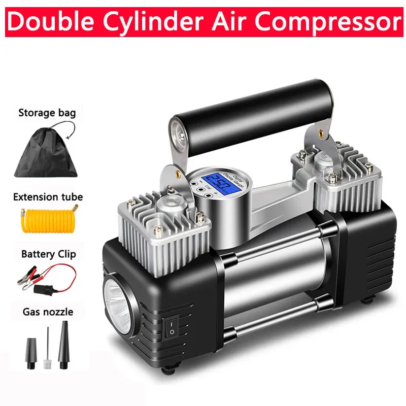 300W 150PS Portable Dual Cylinder Air Compressor Tire Inflator with LED Flashlight 12V Heavy Duty Tire Inflator