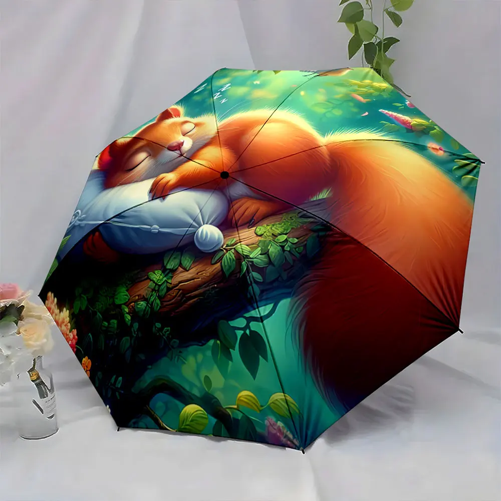 Sleeping Squirrel on Pillow in Dreamy Forest Scene portable waterproof sun rain umbrella for outdoor travel beach