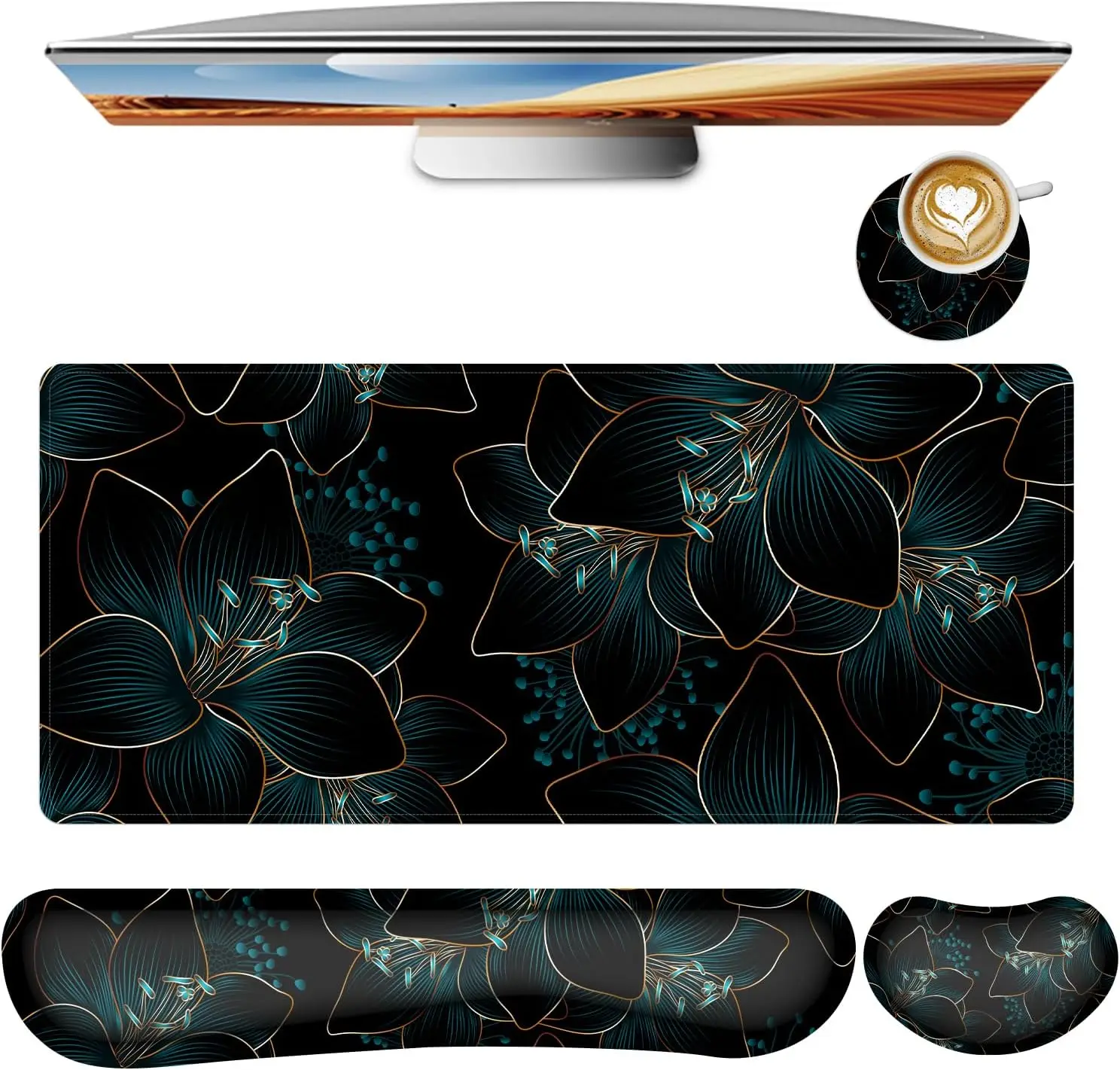 Keyboard Mouse Pad Set,Large Gaming Mouse Pad+Keyboard Wrist Rest+Wrist Rest+Coaster,Computer Desk pad Set Wrist Suppor