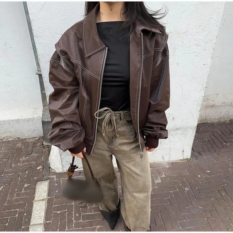 Collar zipper long sleeved jacket fashionable women's loose street jacket for autumn and winter
