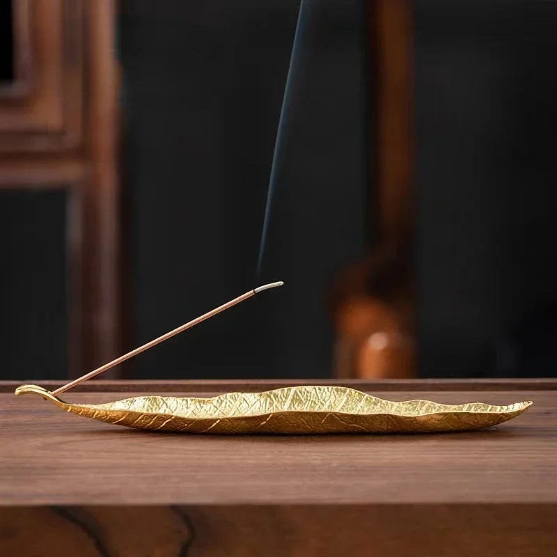 21cm Antique Incense Burner Alloy Bodhi Leaf Sandalwood OUDH Stick Incense Holders Metal Incense Base for Desk Home Decor