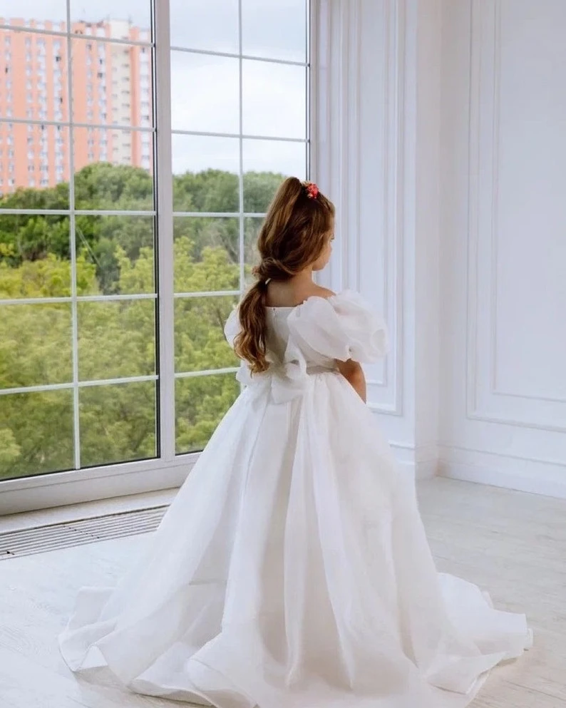 Princess Flower Girl Dress Wedding Dress Ivory with Bow Baby First Communion Organza Dress Princess Pageant Dresses for Girls