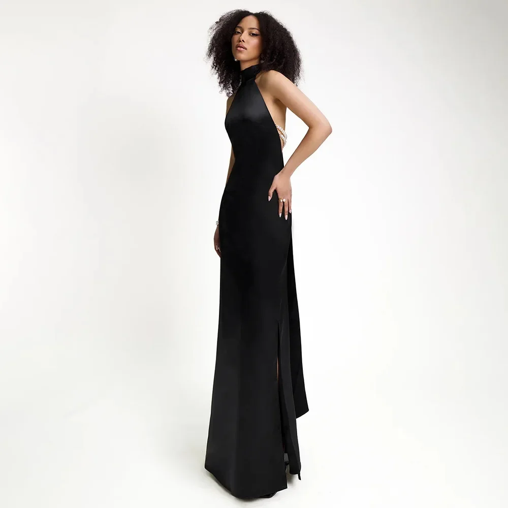 

High Street Sexy Women's Fashion Neck Hanging Satin Texture Backless Slim Fit Party Black Floor Long Dress Vestidos Elegantes