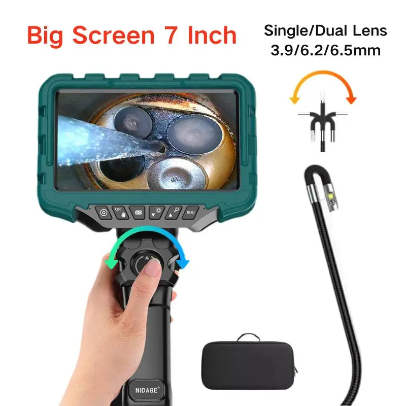 New 7 Inch Big Screen Steering Endoscope Single/Dual Lens 3.9/6.2mm 2 Way 360° for Engine Sewer Inspection Industrial Borescope