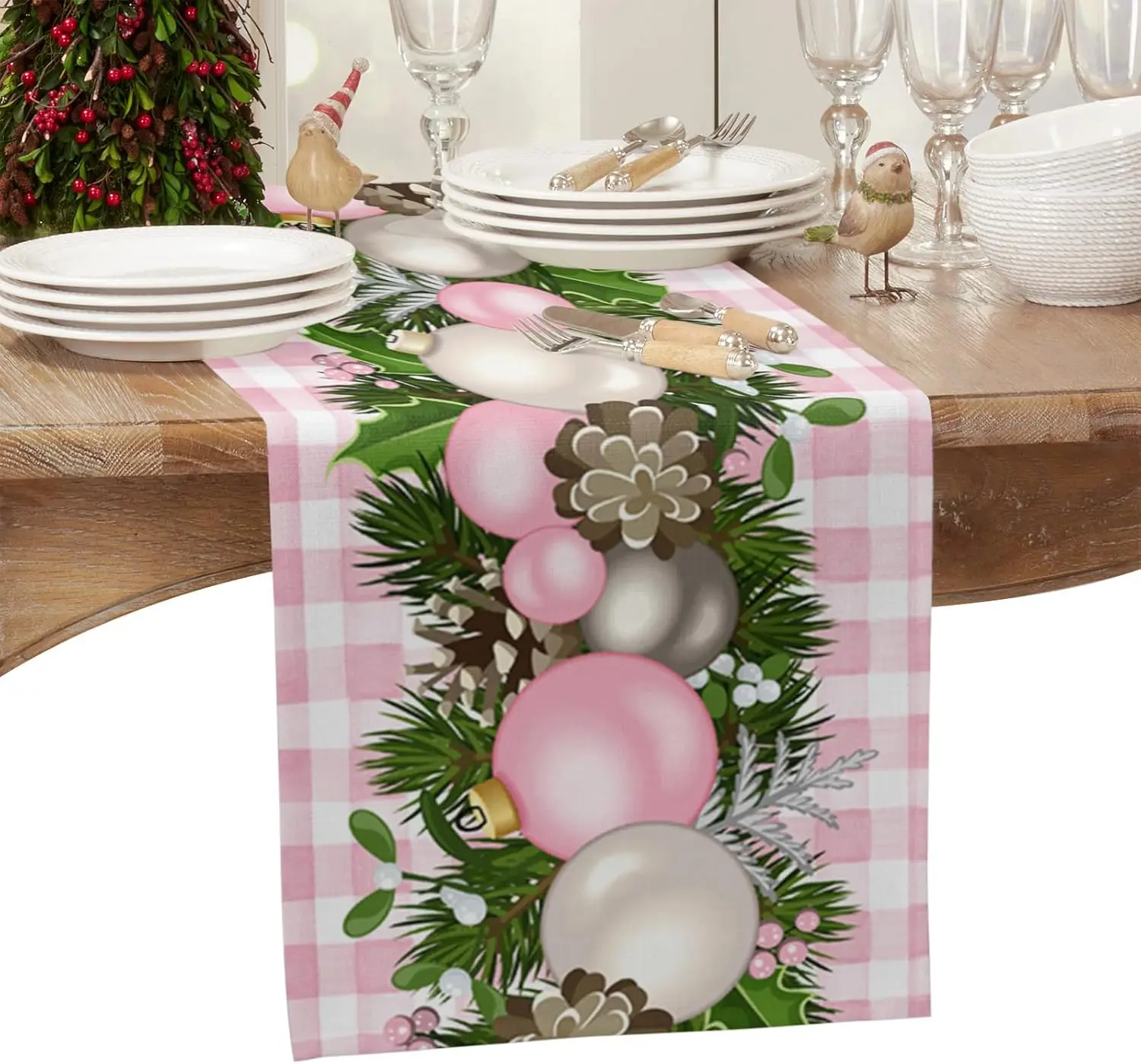 Pink Christmas Balls Pine Cones Linen Table Runner Party Decor Winter Xmas Kitchen Dining Table Runner Christmas Decorations