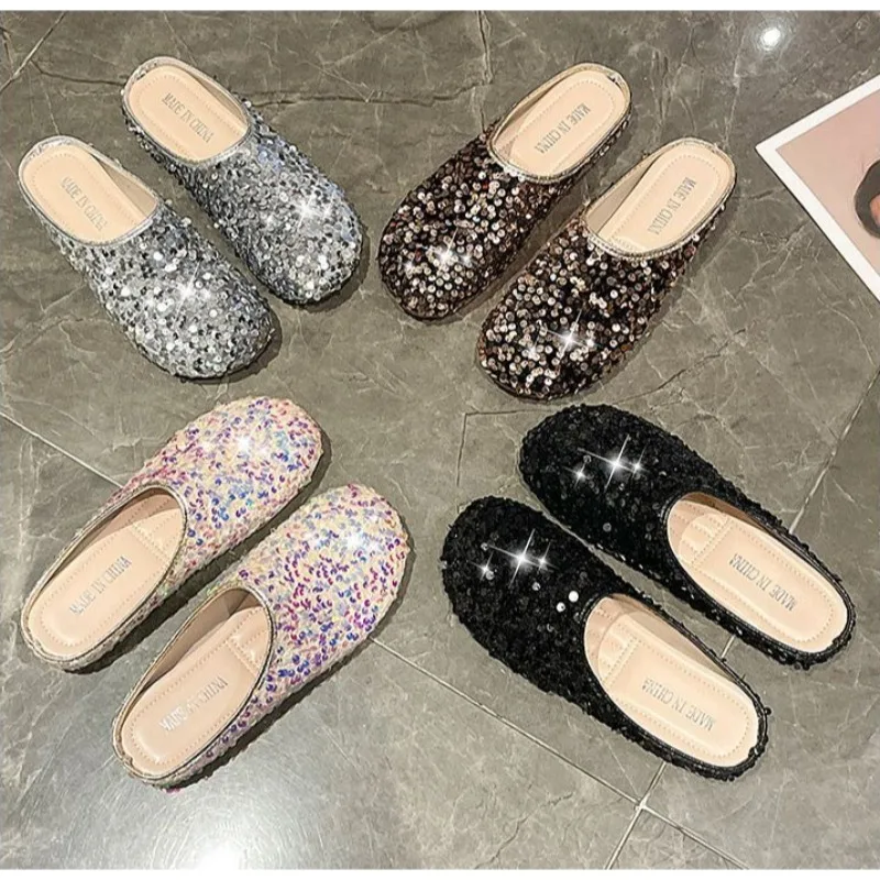 

Spring Sequined Women's Fashionable Slippers French Lazy Temperament Flat Shoes Soft and Comfortable Soft Soled M Ü Ller Shoes