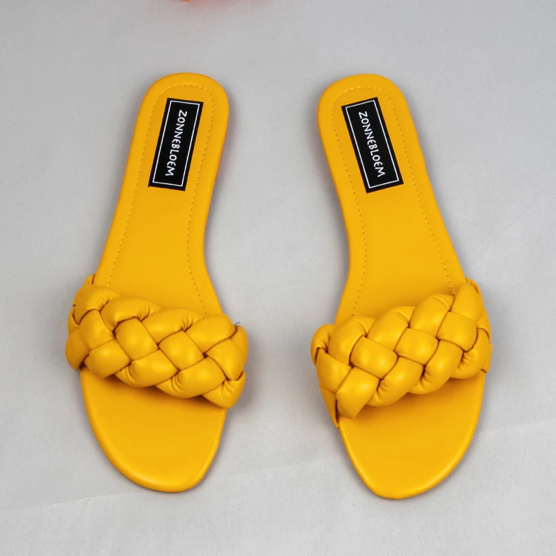 New Designer Fashion Summer Sandals Women Flat Bottom Ladies PU Leather Slides Weave Slip on Sandal Woman Outside Beach Shoes