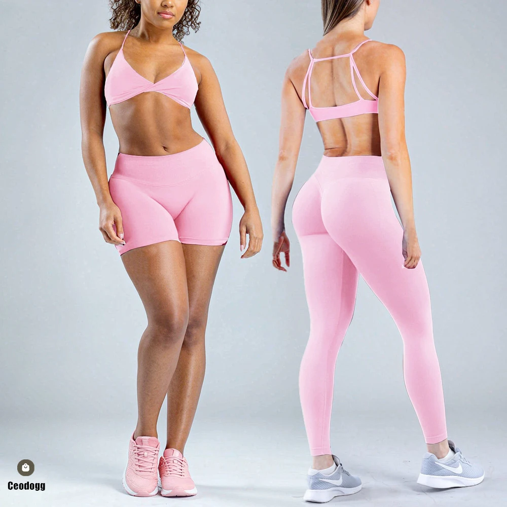 2PCS Difmpact Women Sports Twist Bra Crop Tops Yoga Set Scrunch Workout Pant Fitness Gym Sculpt Legging Athletic Activewear XP35