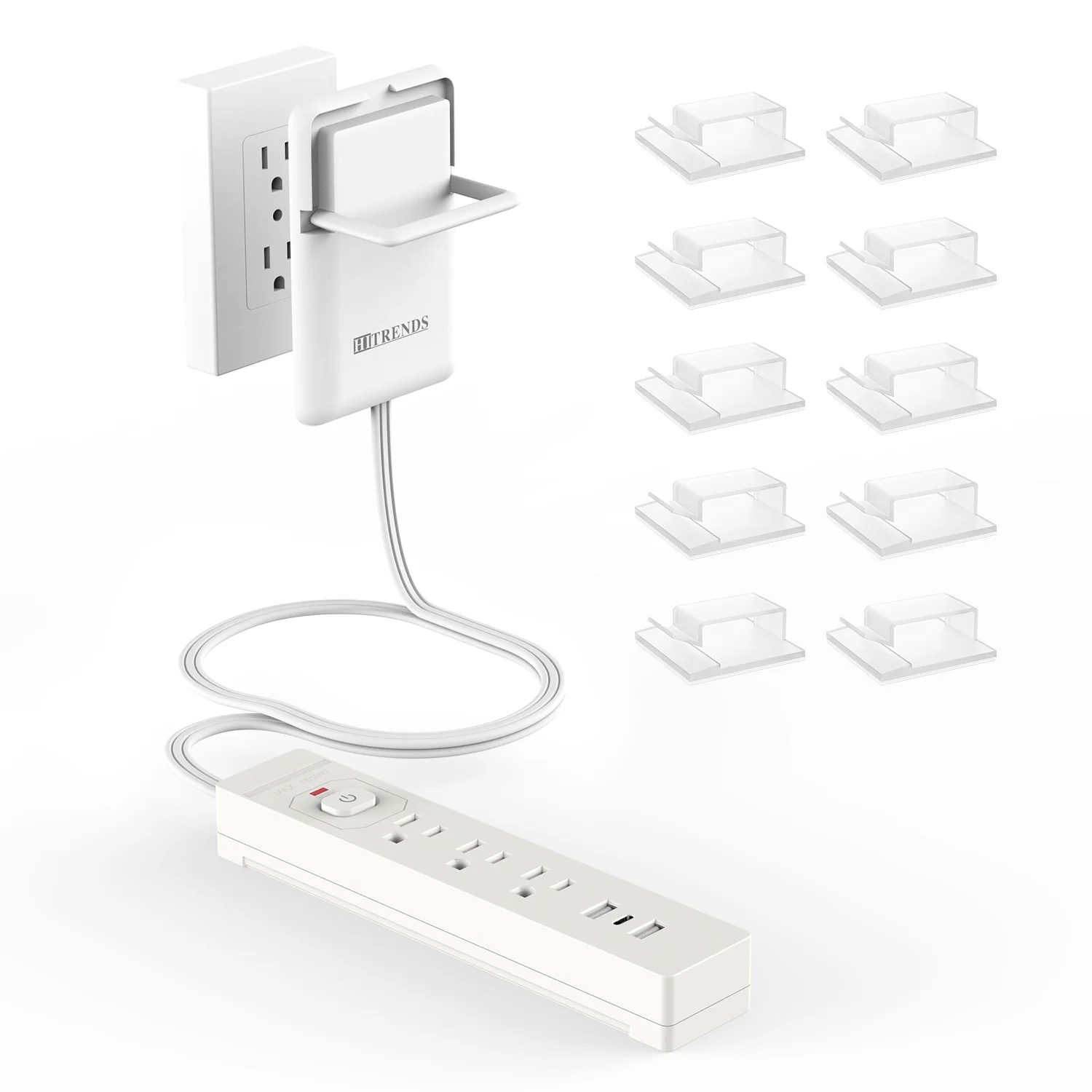 Flat Plug Outlet Expander Power Strip with USB and Folding Pull Tab Covers Child Protection, 3/5AC Outlets, 6ft Extension Cord