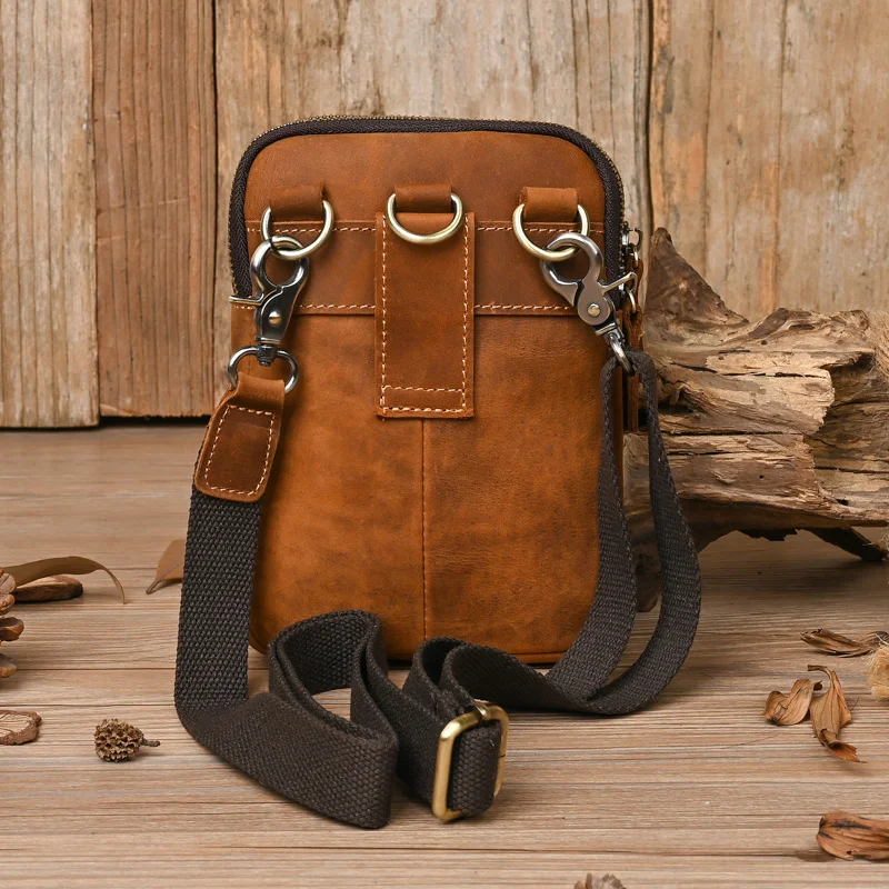 Bolsa retrô de couro maluco para homens, couro de vaca real, pacotes de cinto para telefone, fanny masculino, crossbody masculino