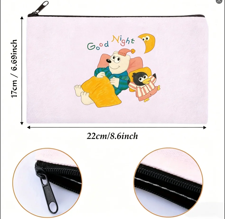 1PC Double-sided Canvas Pouch Cute Night Bear Penguin Zipper Cosmetic Storage Bag