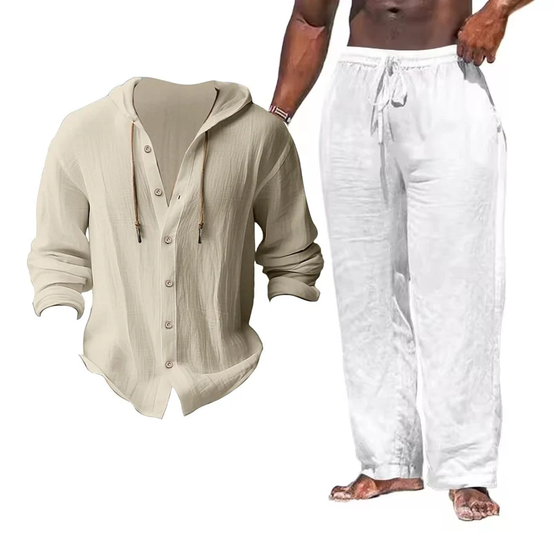 

Breathable Linen Sets Mens Summer Lightweight Suits Casual Long Sleeve Hooded Shirts Straight Pants Outdoor Beach Essentials Set