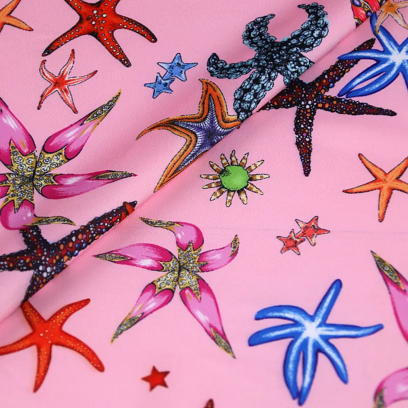 Colorful Starfish Printed Imitate Silk Satin Fabric For Sew Women's Dress Blouse Pajamas DIY Cloth Sewing Material