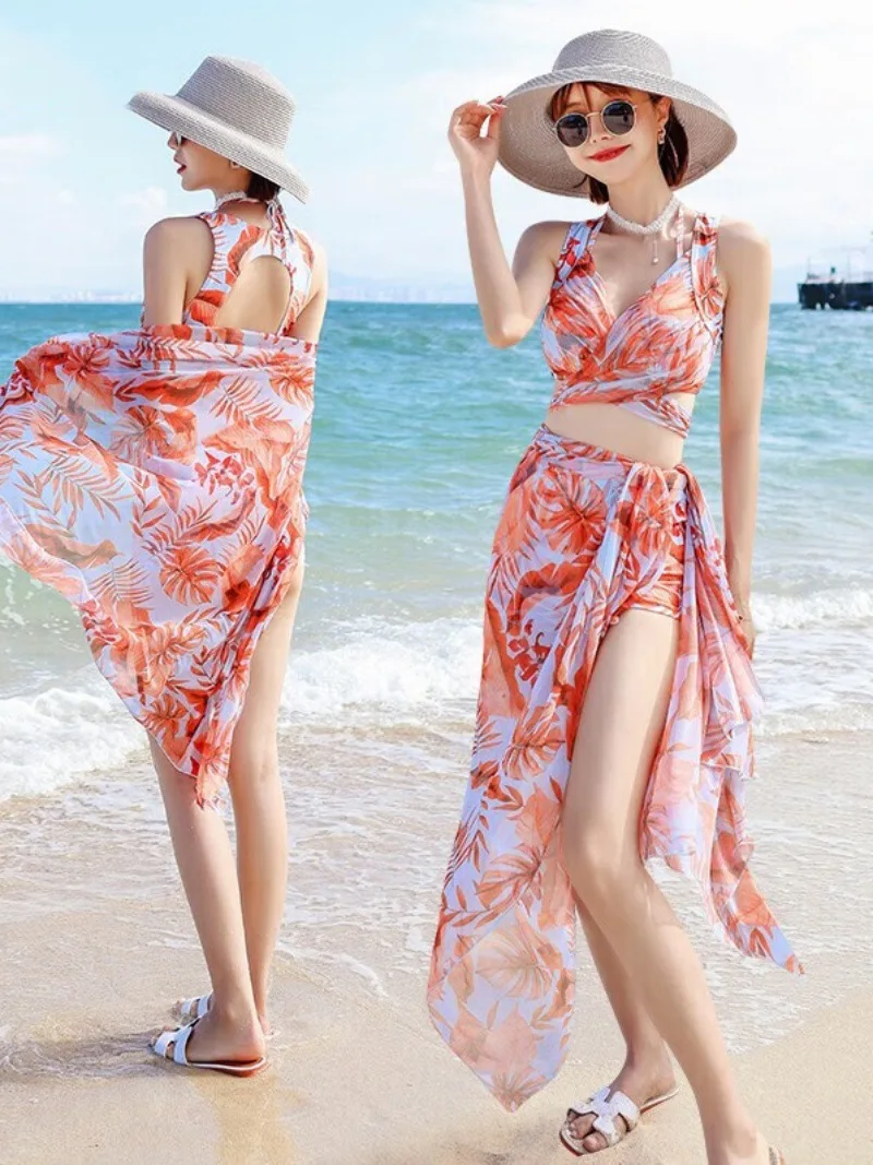 

2024 new swimsuit women's bikini three-piece hot spring flat angle fashion slim split sunscreen swimwear wholesale