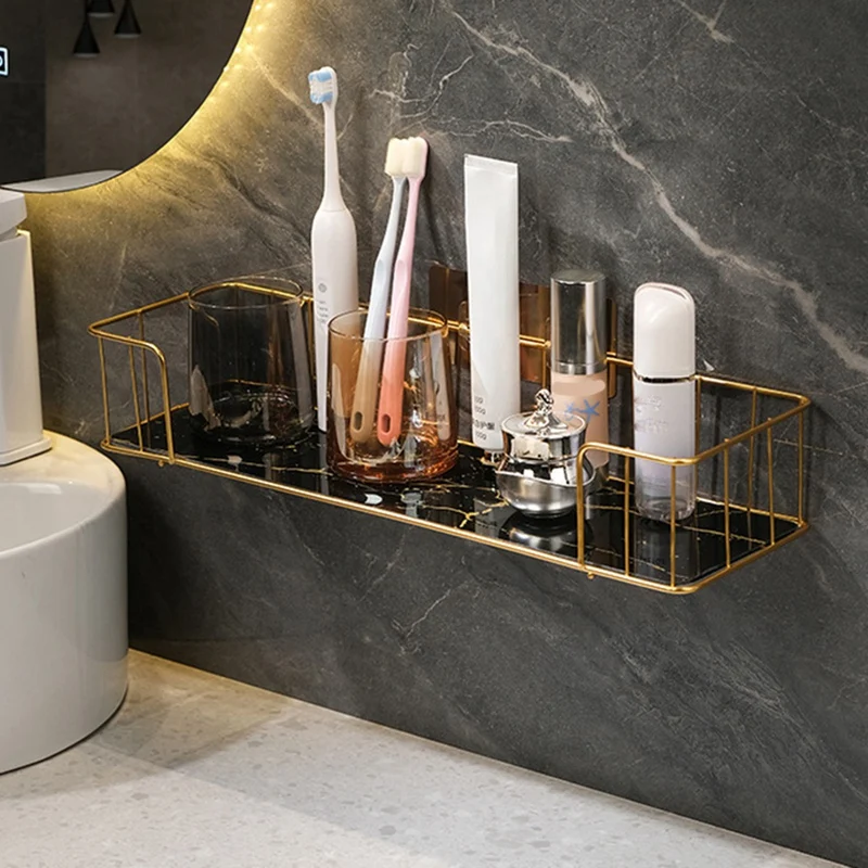 1 مجموعة رف الحمام الفاخر دون الحفر رف جدار الحديد مع لوحة زجاجية نمط الرخام مخزن للمكياج الرف الحديد L