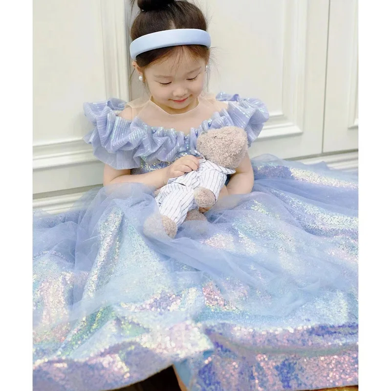 Elegant Wedding Party Dress for Toddler Girl Kids Princess Blue Pink Sequin Long Evening Luxury Gowns Child Pageant Prom Dresses