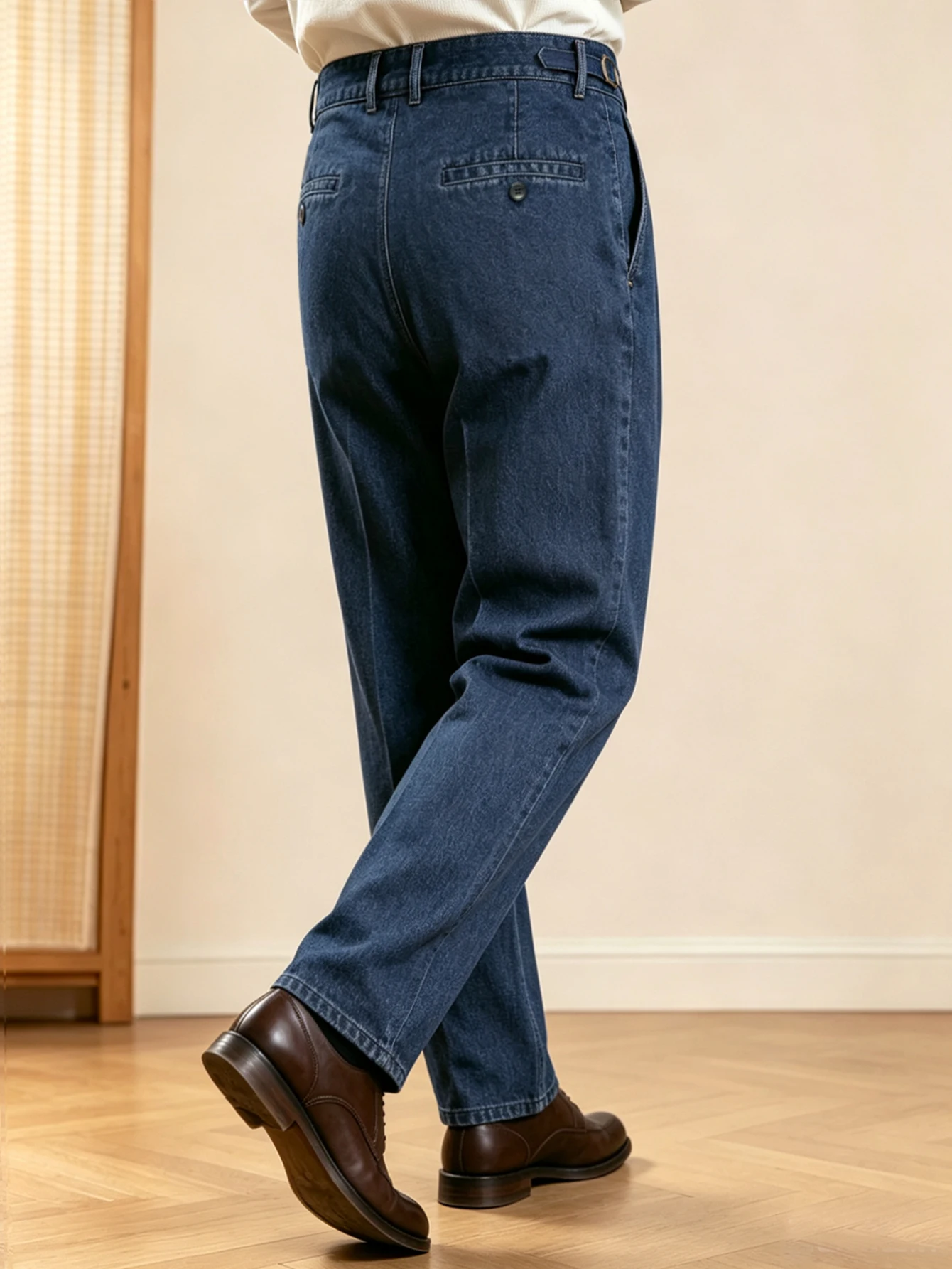 2026 SS Men's Neapolitan Cut Trousers, Denim‑Finish Woven Double Pleat Paris Buckle High‑Rise Straight‑Leg Business Daily Pants
