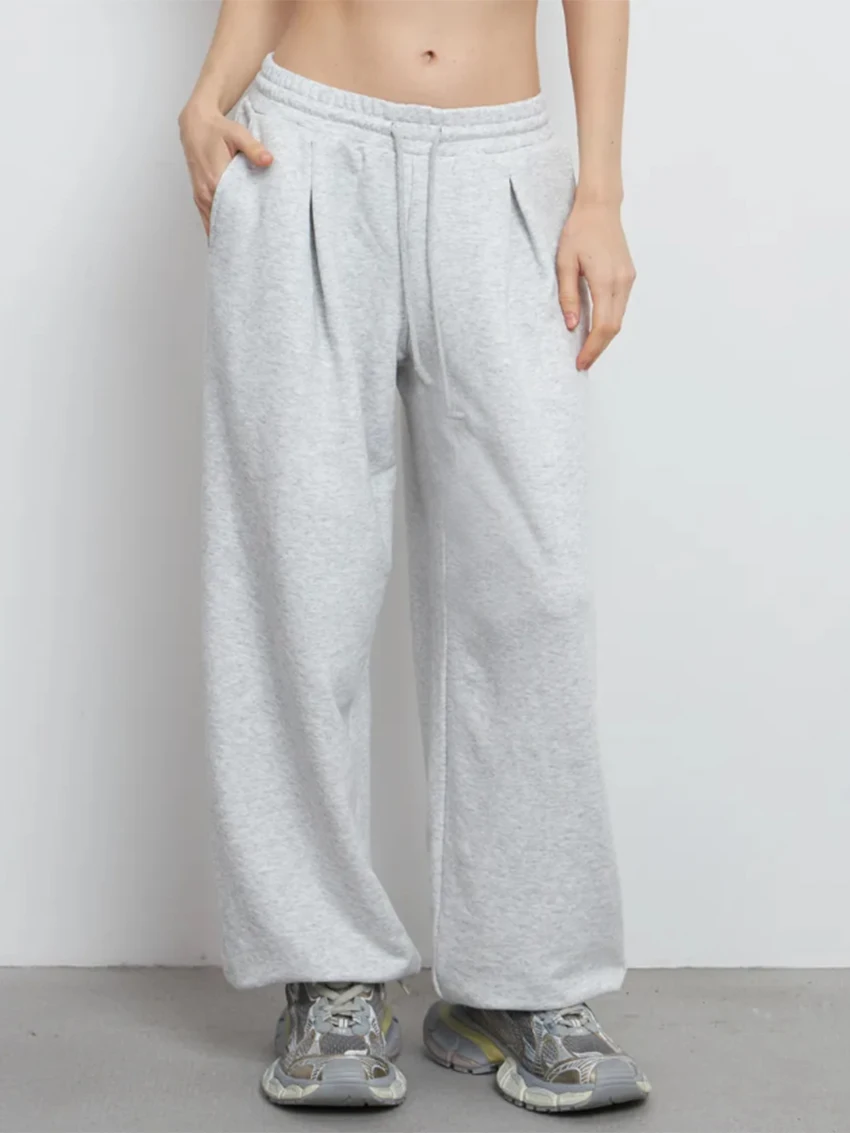 Parc Fee Spring Loose Gray Women's Pants Fashion Mid Waist Wide Trousers Elegant Classic Solid Pants Female Clothing Streetwear