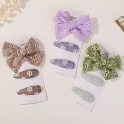 3Pcs/lot Embroidery Flower Bow HairPins Children Hair Clips Geometric Sweet Girls Baby Hair Accessories Vintage Cotton Barrettes