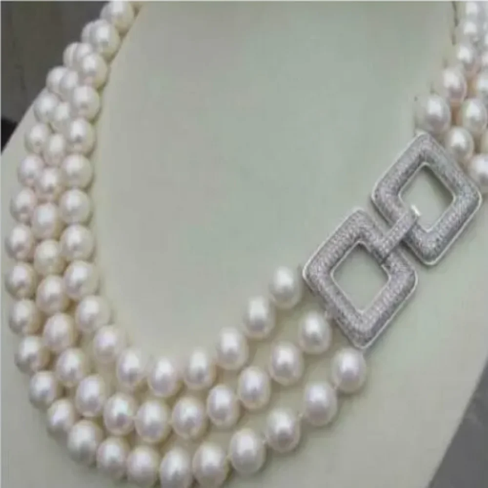 

Natural 3-strand AAA 9-10mmAkoya Round South Sea White Pearl Necklace 18 inches 925S