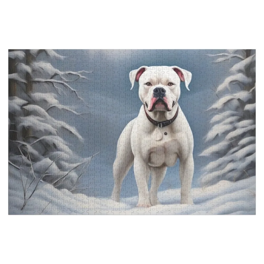 

Пазл с американским бульдогом в зимнем пейзаже, деревянный, с возможностью персонализации фото, декоративная картина-пазл