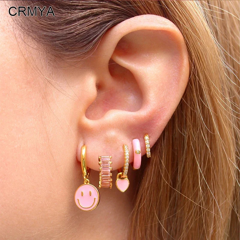 CRMYA Pink Zircon Dripping Oil Earrings For Women Brass Gold color Smile Hoop Drop Dangle Earrings Set Women Jewelry Wholesale