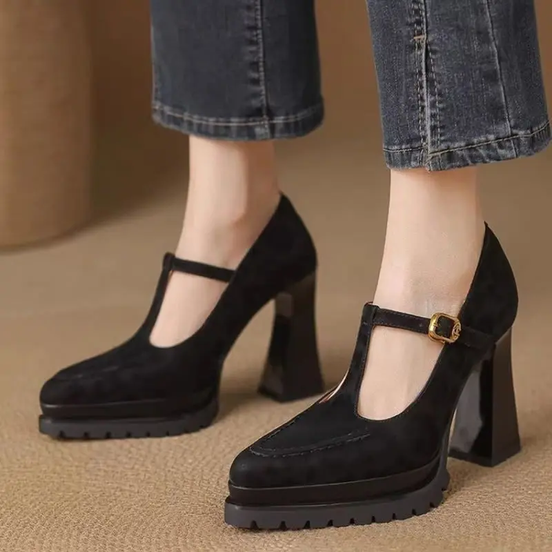 أحذية عالية الكعب واحدة موضة جديدة أشار تو الجلد المدبوغ زلة حزام منصة أحذية كعب كتلة عدم الانزلاق #3