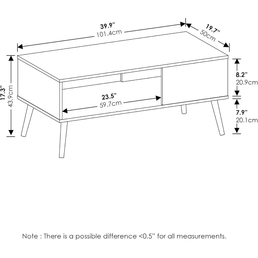 Claude mid-century coffee table with wooden legs, large non-lifting top in France oak grey, 19.7 L x 39.9 W x 17.3 H inches