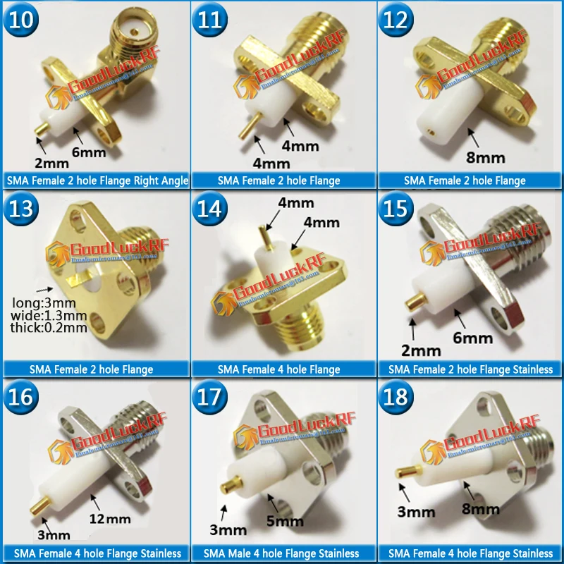 Kit set SMA Male & Female Flange 2 hole Right Angle 90 Degree Chassis Panel Mount deck Solder Copper Pin PTFE