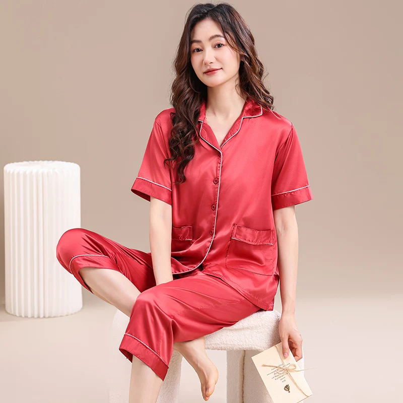 Summer Pajamas Sets Women Silk Imitation Fashion Women Short Sleeve Sleepwear Suit 2 piece Lapel Cardigan Home Lounge Gift M-3XL