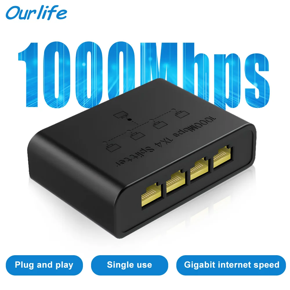 Ourlife RJ45 Network Switch Hub 1 In 4 Out Converter 1000Mbps Gigabit Ethernet Switch Hub Wire Divider PC LAN Extend Adapter