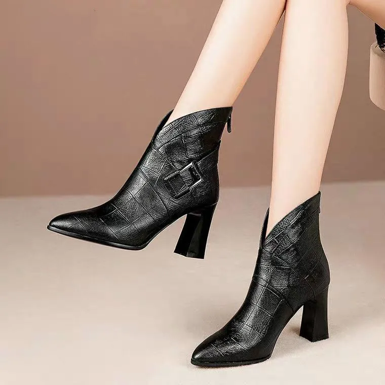 Sexy Women Boots 2021 Autumn and Winter V-Neck High Heels Ankle Shoes Boots Leather Booties Feminina Woman Wedding Party Shoes