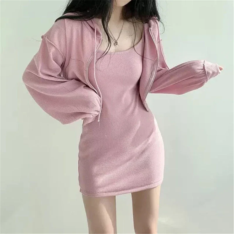Y2K Black 2 Piece Set Women Sexy Spaghetti Strap Slim Mini Dress Zipper Hoodie Cropped Sweatshirt Cardigan Suit Outwear Coat