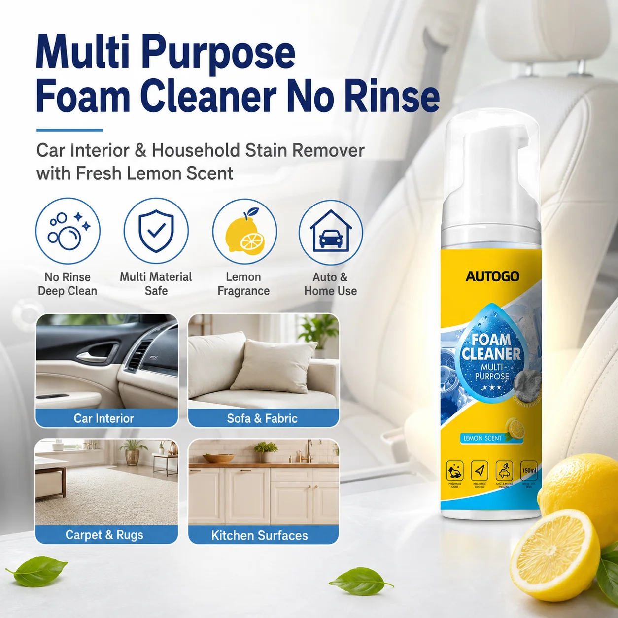 No-Rinse Foam Cleaner Multi-Surface Stain Remover Auto Interior & Household Leather Fabric Sneaker Sofa Kitchen Cleaning Foam