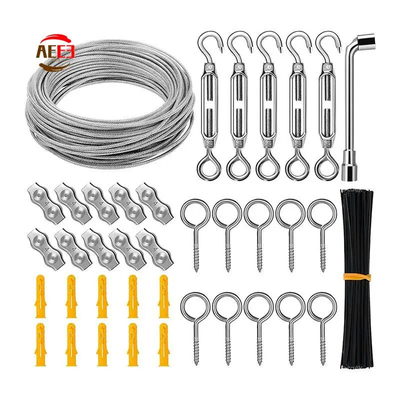 AEE3-String Light Hanging Kit Coated Wire Rope With Turnbuckles And Hooks For Deck Railing System Climbing Plants