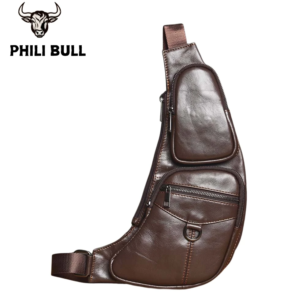 Phili Bull Casual Men's Shoulder Bag Genuine Leather Simple Chest Bag High Quality Small Crossbody Single Strap For 7Inch Tablet