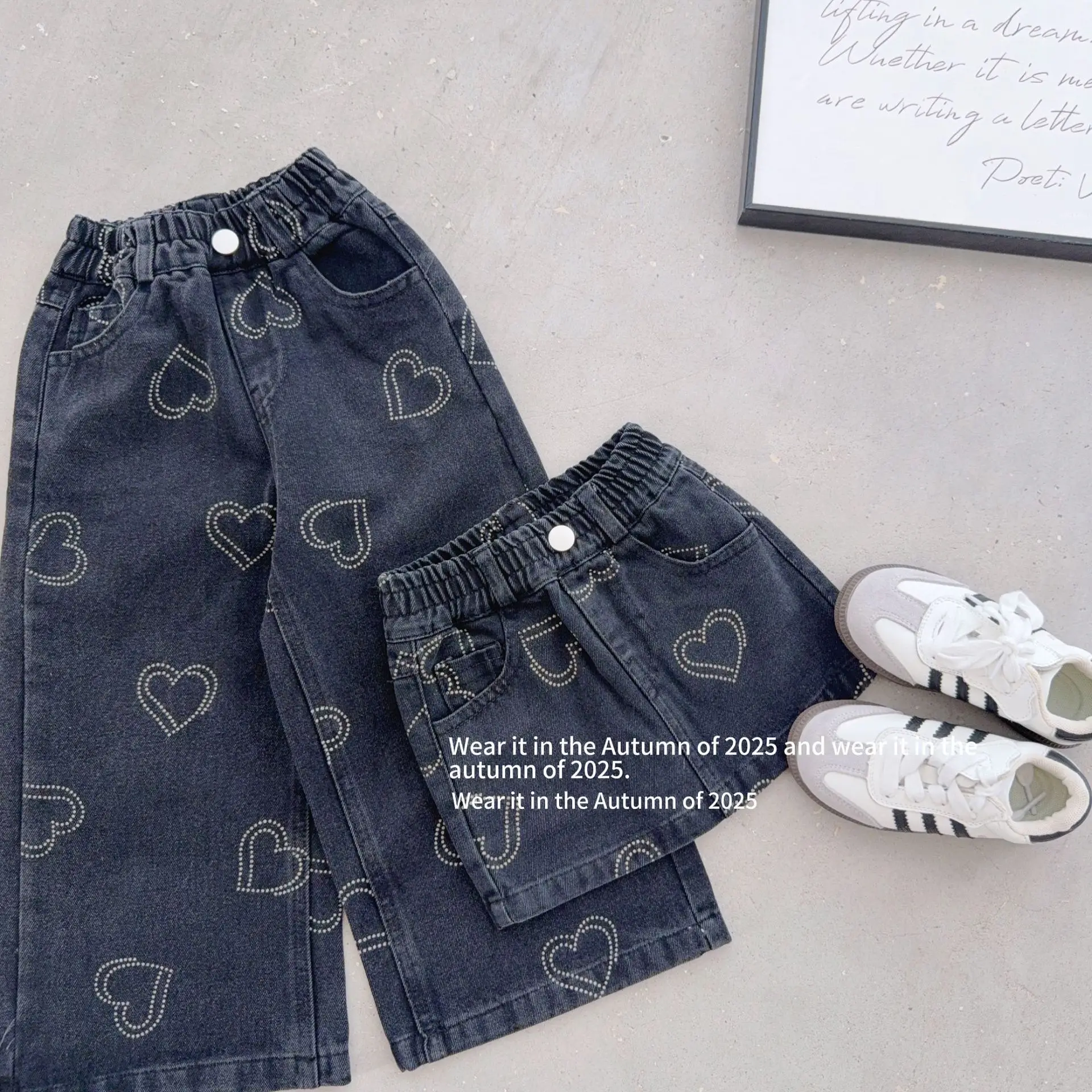 

Girls Printed Love Denim Straight Leg Pants Simple 2025 Sweet Spring and Autumn Casual Fashion Denim Skirt