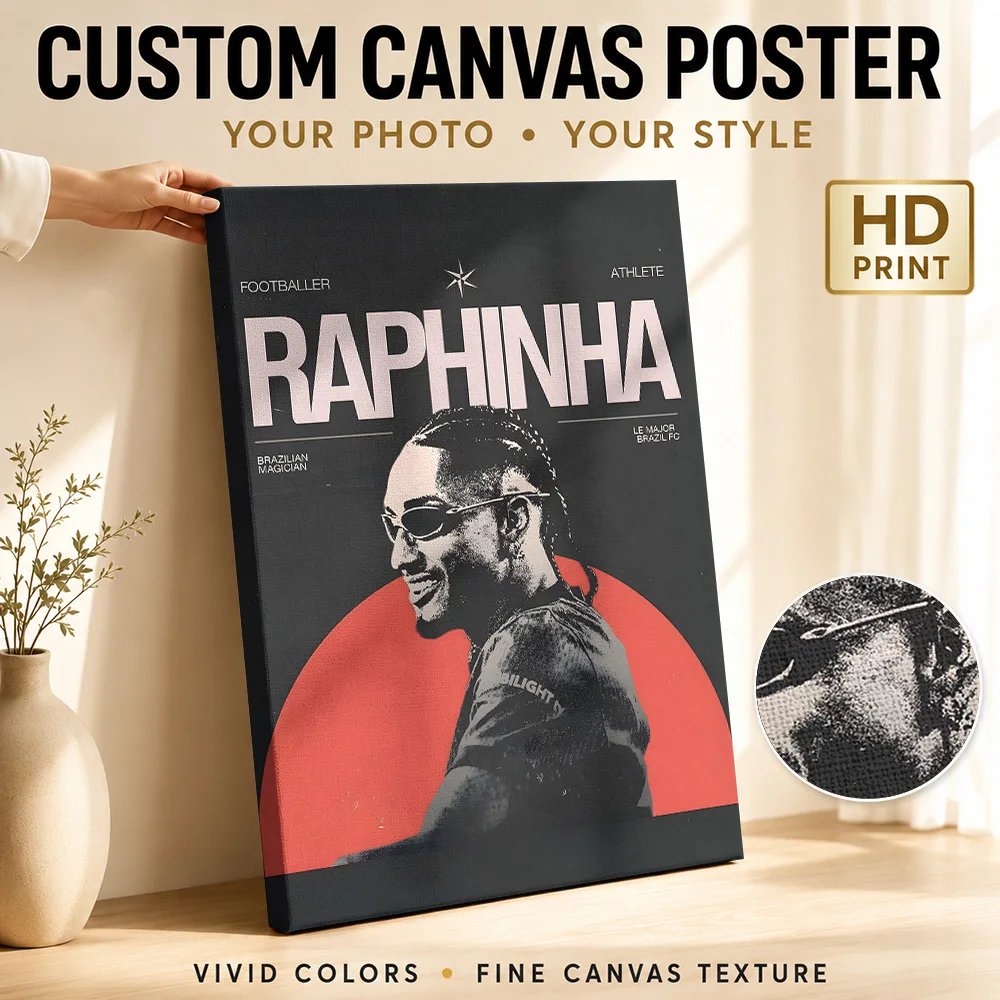 Raphinha Soccer Player Tribute Framed Canvas Print Poster Bold Style Wall Art With Personalized Photo For Bedroom Ideal Fan Gift