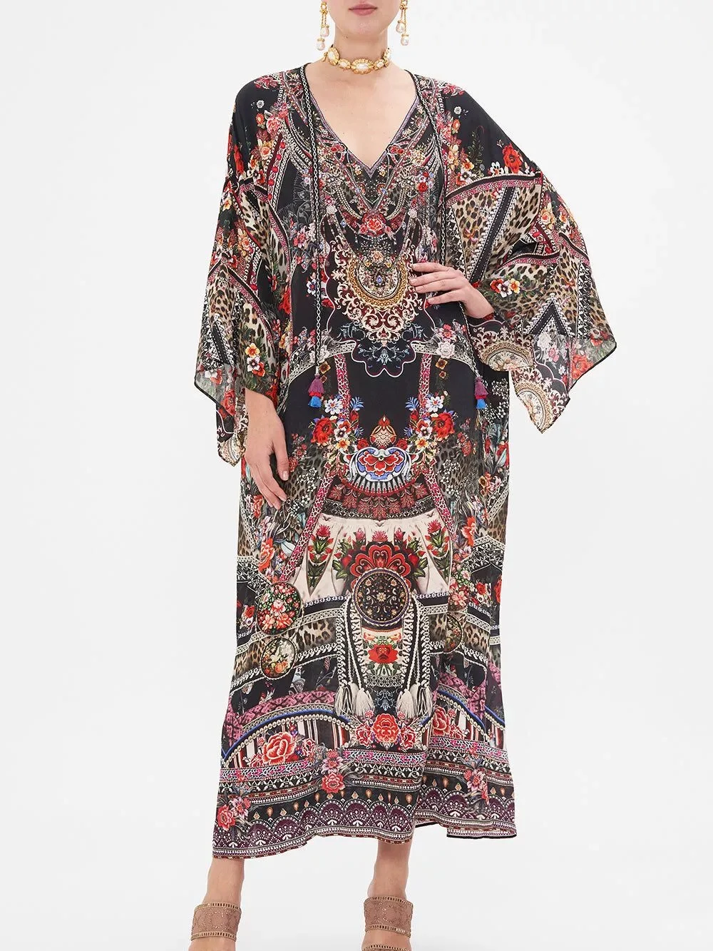 

Women's Crystal Beaded Maxi Dress Floral Print Flare Sleeve Round Neck Loose Vintage Robe