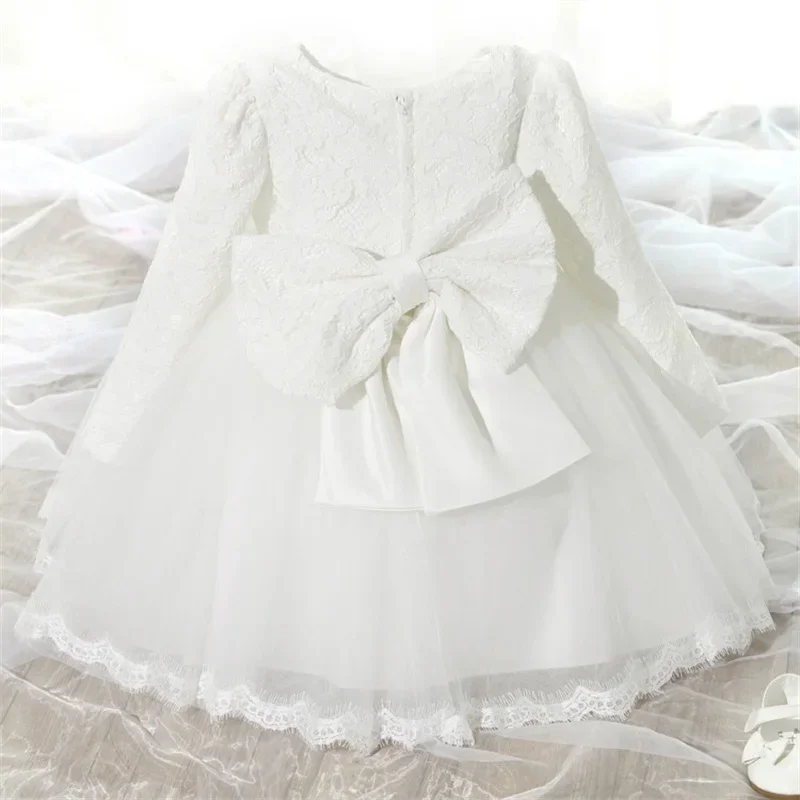 Baby Girls Long Sleeve Dresses Summer Party Wedding Lace Big Bow Dresses Infant Girl 1st Birthday Princess White Baptism Dress