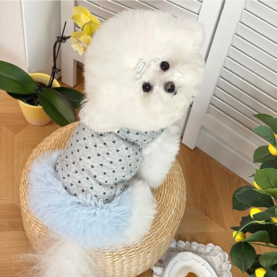 1 Stück süßes, herzförmig bedrucktes Chiffon-Hundekleid, grau mit Blattring, Haustiergeschirr-Kleid für kleine Hunde – Detail 6