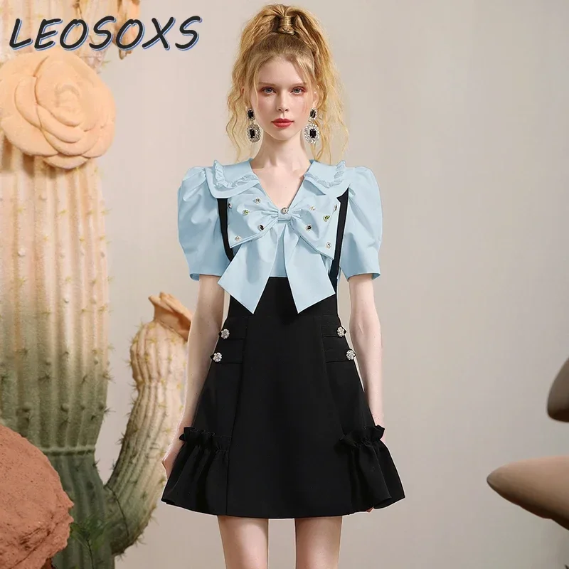 LEOSOXS 2024 Summer Temperament Blue Shirt Women's Cute Bow Blouse Nail Drill Commuter Bubble Sleeve Top Luxury Womens Tops