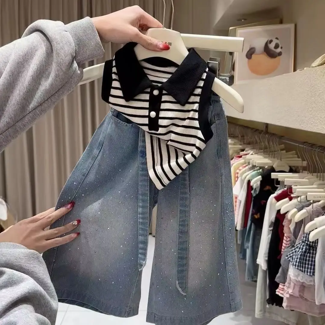 

Girls Summer Outfit Fashionable Mid-Toddler to Big Girls Polo Collar Sleeveless Top + Denim Jeans 2-Piece Set
