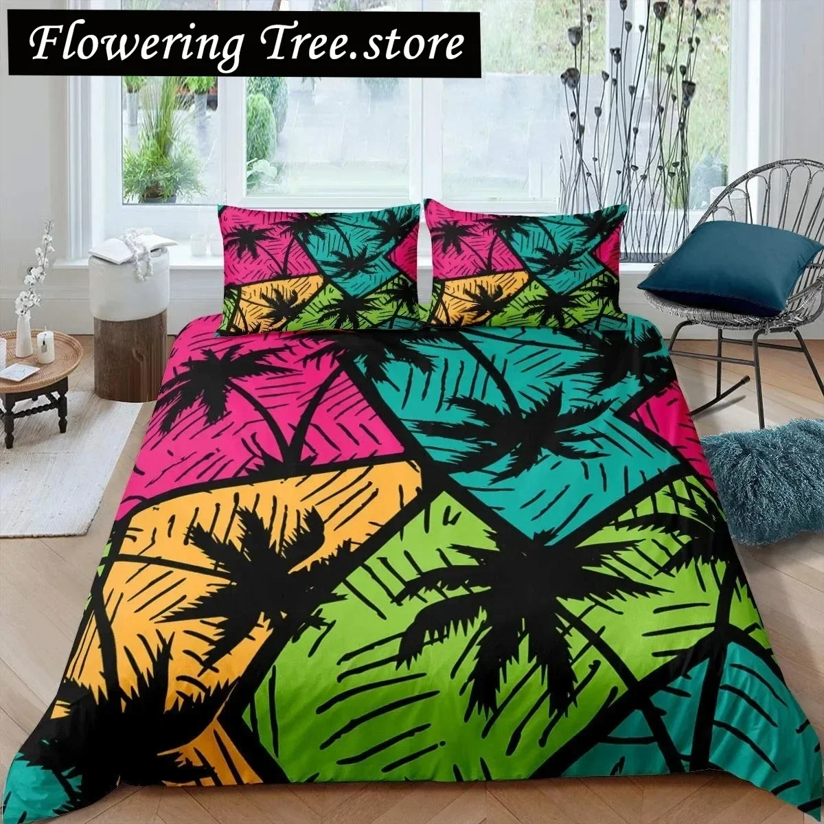 Coconut Palm Tree King Queen Duvet Cover Nautical Bedding Set Watercolor Sailboat Hawaii Quilt Cover Polyester Comforter Cover